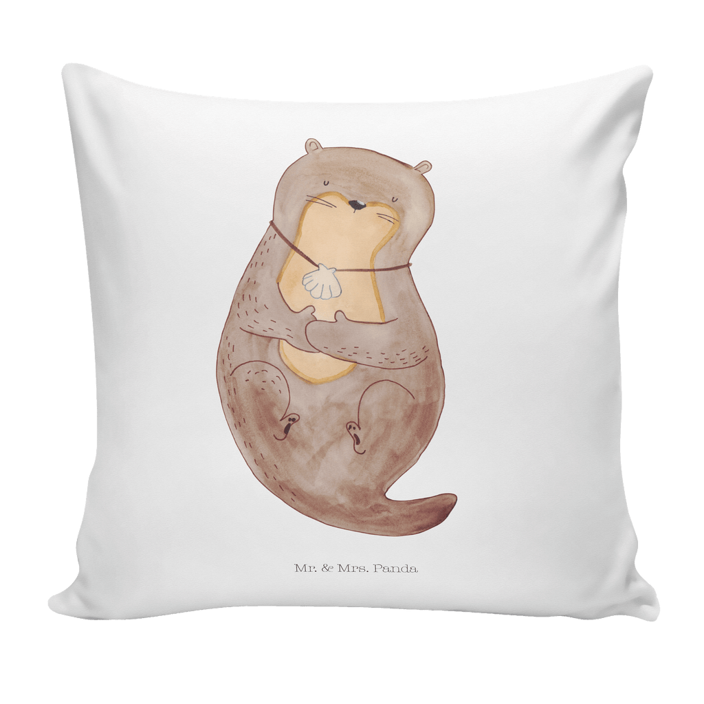 40x40 Kissen Otter mit Muschelmedaillon Kissenhülle, Kopfkissen, Sofakissen, Dekokissen, Motivkissen, Otter, Fischotter, Seeotter, Otterliebe, grübeln, träumen, Motivation, Tagträumen, Büro