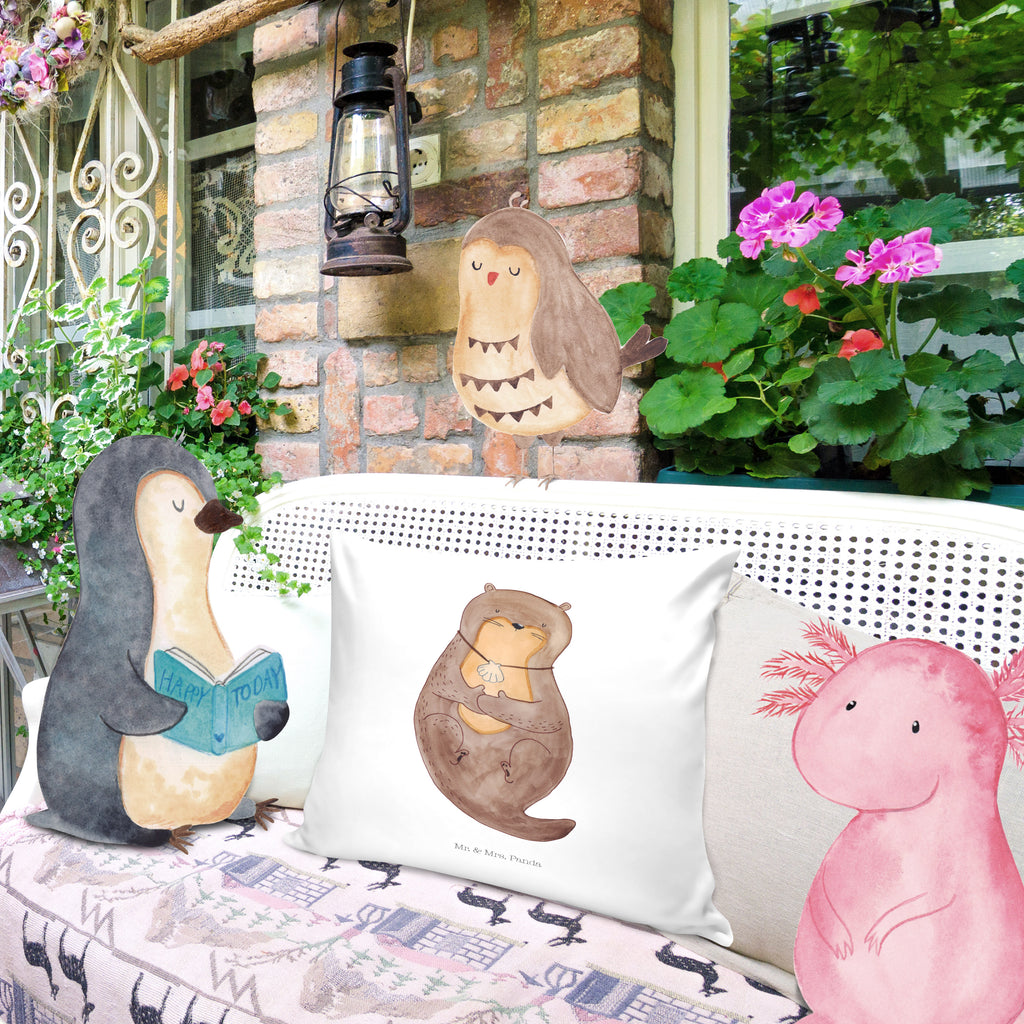 40x40 Kissen Otter mit Muschelmedaillon Kissenhülle, Kopfkissen, Sofakissen, Dekokissen, Motivkissen, Otter, Fischotter, Seeotter, Otterliebe, grübeln, träumen, Motivation, Tagträumen, Büro