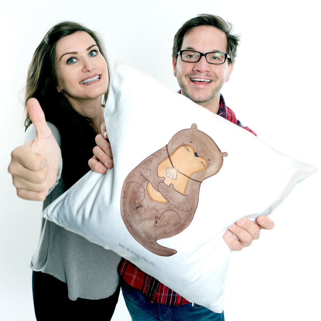 40x40 Kissen Otter mit Muschelmedaillon Kissenhülle, Kopfkissen, Sofakissen, Dekokissen, Motivkissen, Otter, Fischotter, Seeotter, Otterliebe, grübeln, träumen, Motivation, Tagträumen, Büro