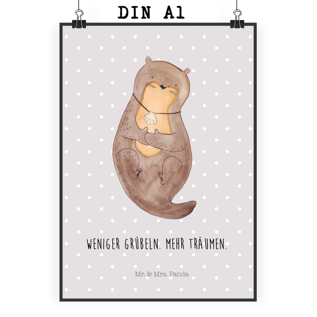 Poster Otter mit Muschelmedaillon Poster, Wandposter, Bild, Wanddeko, Küchenposter, Kinderposter, Wanddeko Bild, Raumdekoration, Wanddekoration, Handgemaltes Poster, Mr. & Mrs. Panda Poster, Designposter, Kunstdruck, Posterdruck, Otter, Fischotter, Seeotter, Otterliebe, grübeln, träumen, Motivation, Tagträumen, Büro