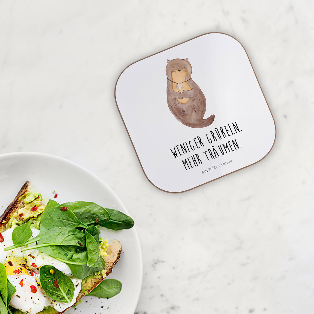Quadratische Untersetzer Otter mit Muschelmedaillon Bierdeckel, Glasuntersetzer, Untersetzer Gläser, Getränkeuntersetzer, Otter, Fischotter, Seeotter, Otterliebe, grübeln, träumen, Motivation, Tagträumen, Büro