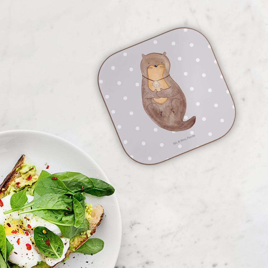 Quadratische Untersetzer Otter mit Muschelmedaillon Bierdeckel, Glasuntersetzer, Untersetzer Gläser, Getränkeuntersetzer, Otter, Fischotter, Seeotter, Otterliebe, grübeln, träumen, Motivation, Tagträumen, Büro