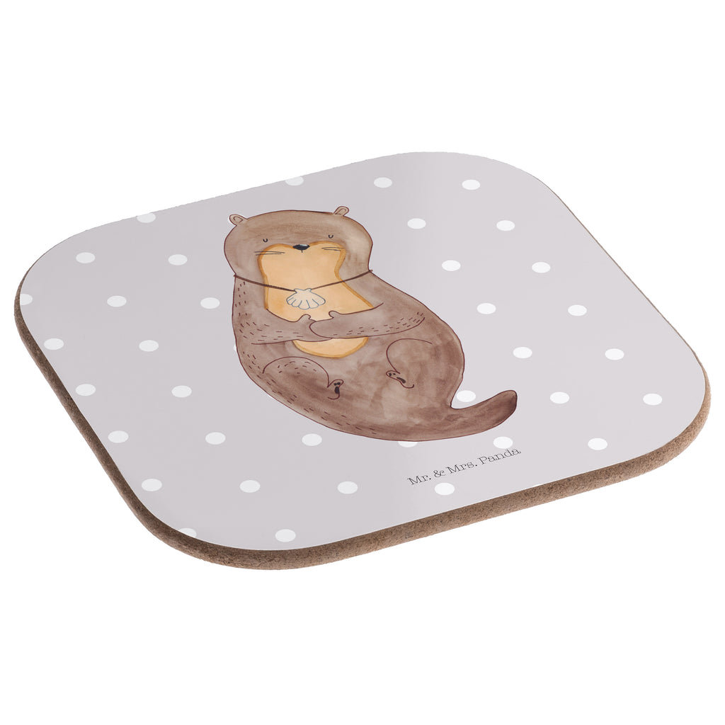 Quadratische Untersetzer Otter mit Muschelmedaillon Bierdeckel, Glasuntersetzer, Untersetzer Gläser, Getränkeuntersetzer, Otter, Fischotter, Seeotter, Otterliebe, grübeln, träumen, Motivation, Tagträumen, Büro