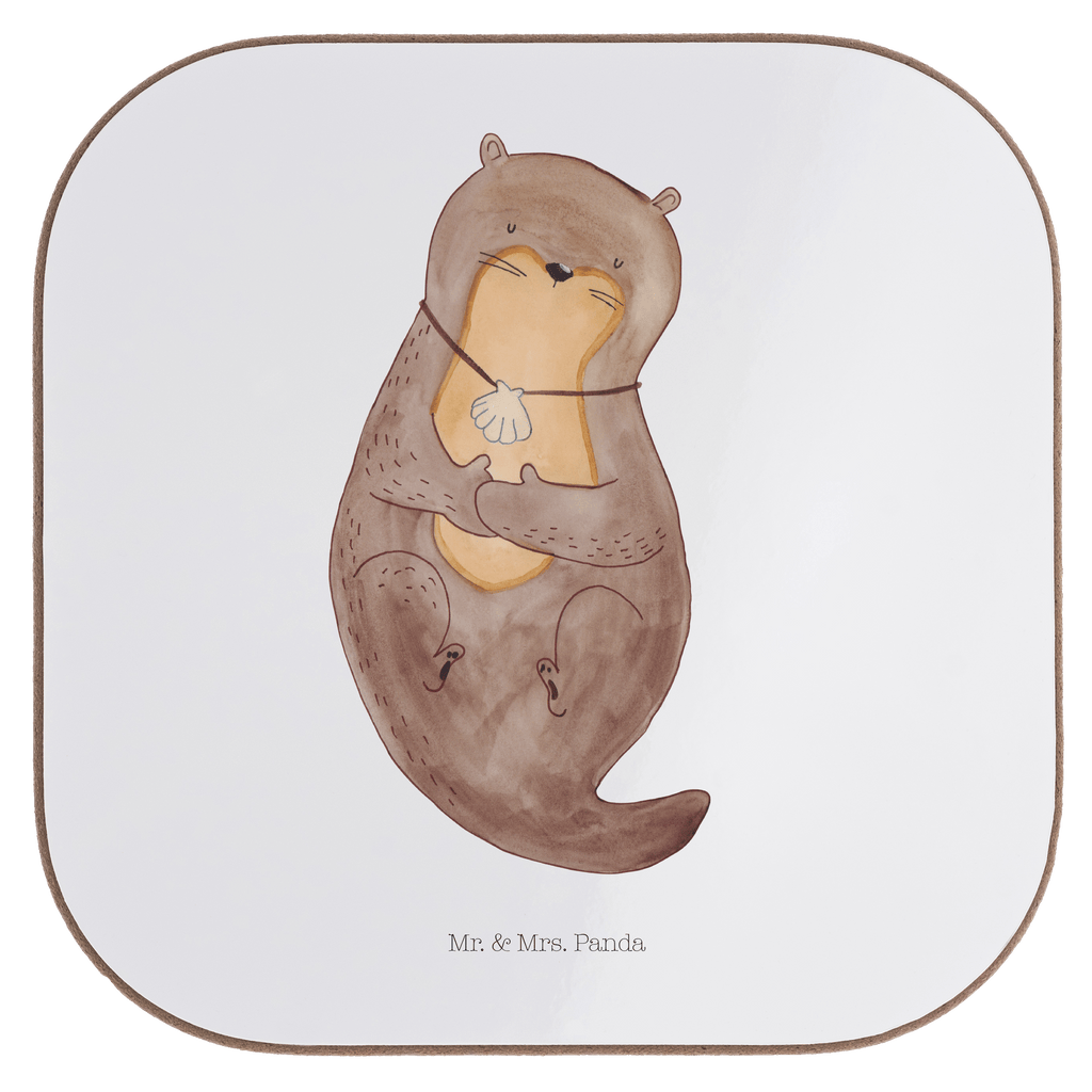 Quadratische Untersetzer Otter mit Muschelmedaillon Bierdeckel, Glasuntersetzer, Untersetzer Gläser, Getränkeuntersetzer, Otter, Fischotter, Seeotter, Otterliebe, grübeln, träumen, Motivation, Tagträumen, Büro