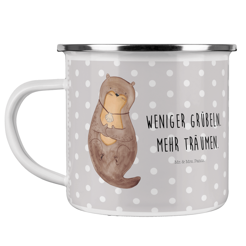 Camping Emaille Tasse Otter mit Muschelmedaillon Campingtasse, Trinkbecher, Metalltasse, Outdoor Tasse, Emaille Trinkbecher, Blechtasse Outdoor, Emaille Campingbecher, Edelstahl Trinkbecher, Metalltasse für Camping, Kaffee Blechtasse, Camping Tasse Metall, Otter, Fischotter, Seeotter, Otterliebe, grübeln, träumen, Motivation, Tagträumen, Büro