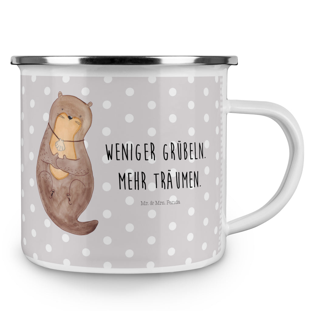 Camping Emaille Tasse Otter mit Muschelmedaillon Campingtasse, Trinkbecher, Metalltasse, Outdoor Tasse, Emaille Trinkbecher, Blechtasse Outdoor, Emaille Campingbecher, Edelstahl Trinkbecher, Metalltasse für Camping, Kaffee Blechtasse, Camping Tasse Metall, Otter, Fischotter, Seeotter, Otterliebe, grübeln, träumen, Motivation, Tagträumen, Büro