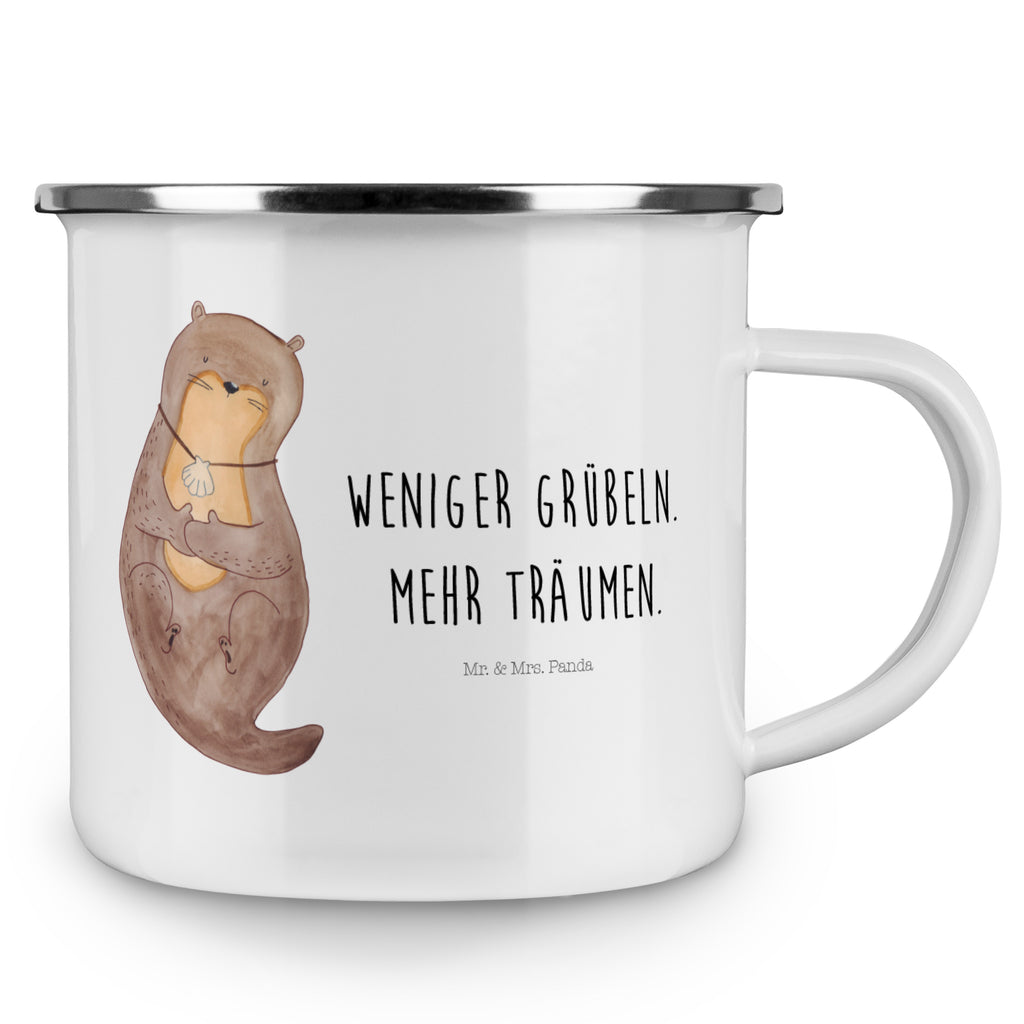 Camping Emaille Tasse Otter mit Muschelmedaillon Campingtasse, Trinkbecher, Metalltasse, Outdoor Tasse, Emaille Trinkbecher, Blechtasse Outdoor, Emaille Campingbecher, Edelstahl Trinkbecher, Metalltasse für Camping, Kaffee Blechtasse, Camping Tasse Metall, Otter, Fischotter, Seeotter, Otterliebe, grübeln, träumen, Motivation, Tagträumen, Büro