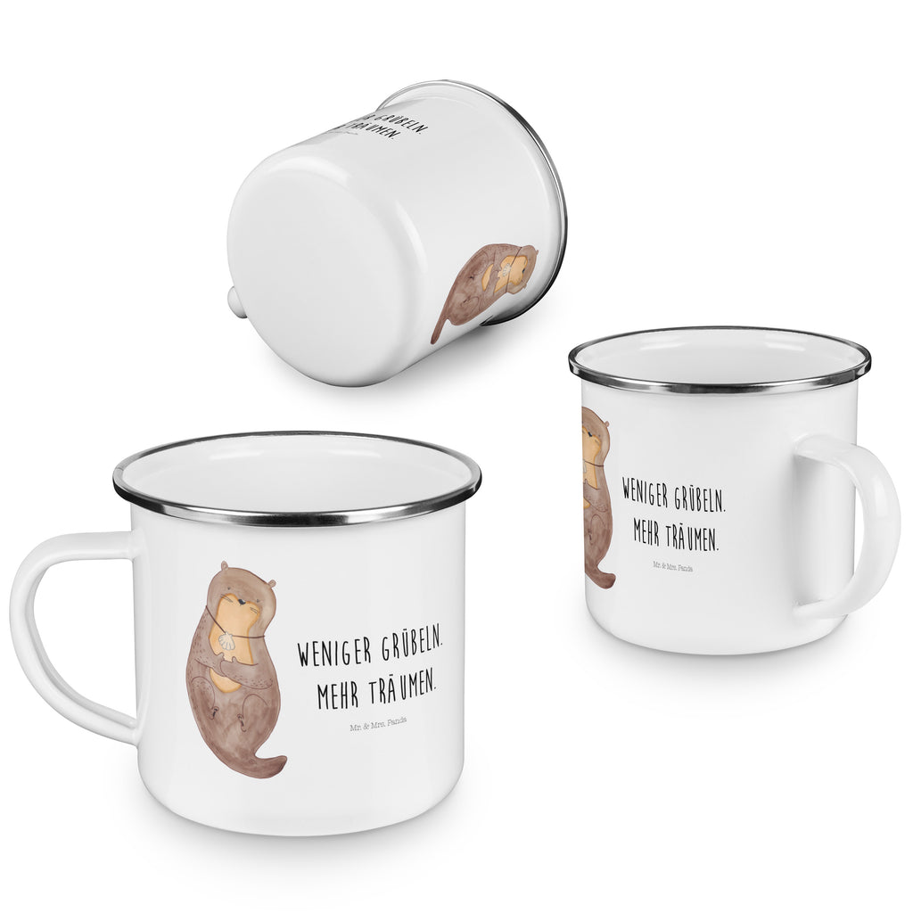 Camping Emaille Tasse Otter mit Muschelmedaillon Campingtasse, Trinkbecher, Metalltasse, Outdoor Tasse, Emaille Trinkbecher, Blechtasse Outdoor, Emaille Campingbecher, Edelstahl Trinkbecher, Metalltasse für Camping, Kaffee Blechtasse, Camping Tasse Metall, Otter, Fischotter, Seeotter, Otterliebe, grübeln, träumen, Motivation, Tagträumen, Büro