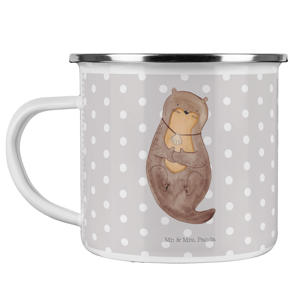 Camping Emaille Tasse Otter mit Muschelmedaillon Campingtasse, Trinkbecher, Metalltasse, Outdoor Tasse, Emaille Trinkbecher, Blechtasse Outdoor, Emaille Campingbecher, Edelstahl Trinkbecher, Metalltasse für Camping, Kaffee Blechtasse, Camping Tasse Metall, Otter, Fischotter, Seeotter, Otterliebe, grübeln, träumen, Motivation, Tagträumen, Büro