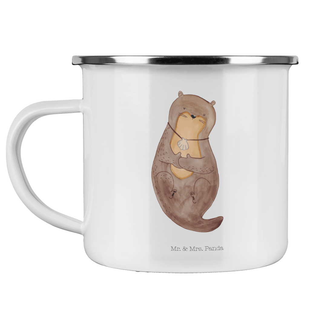Camping Emaille Tasse Otter mit Muschelmedaillon Campingtasse, Trinkbecher, Metalltasse, Outdoor Tasse, Emaille Trinkbecher, Blechtasse Outdoor, Emaille Campingbecher, Edelstahl Trinkbecher, Metalltasse für Camping, Kaffee Blechtasse, Camping Tasse Metall, Otter, Fischotter, Seeotter, Otterliebe, grübeln, träumen, Motivation, Tagträumen, Büro