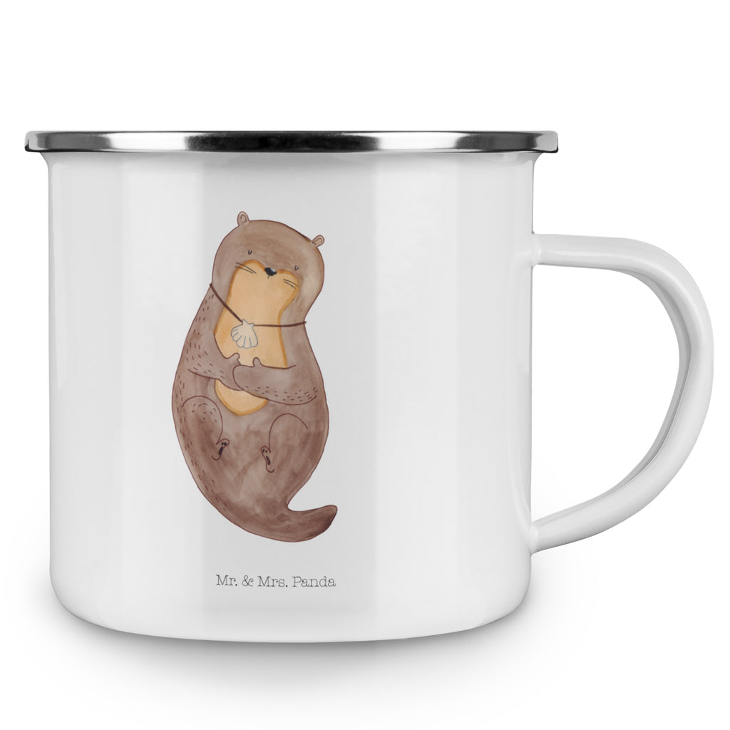 Camping Emaille Tasse Otter mit Muschelmedaillon Campingtasse, Trinkbecher, Metalltasse, Outdoor Tasse, Emaille Trinkbecher, Blechtasse Outdoor, Emaille Campingbecher, Edelstahl Trinkbecher, Metalltasse für Camping, Kaffee Blechtasse, Camping Tasse Metall, Otter, Fischotter, Seeotter, Otterliebe, grübeln, träumen, Motivation, Tagträumen, Büro
