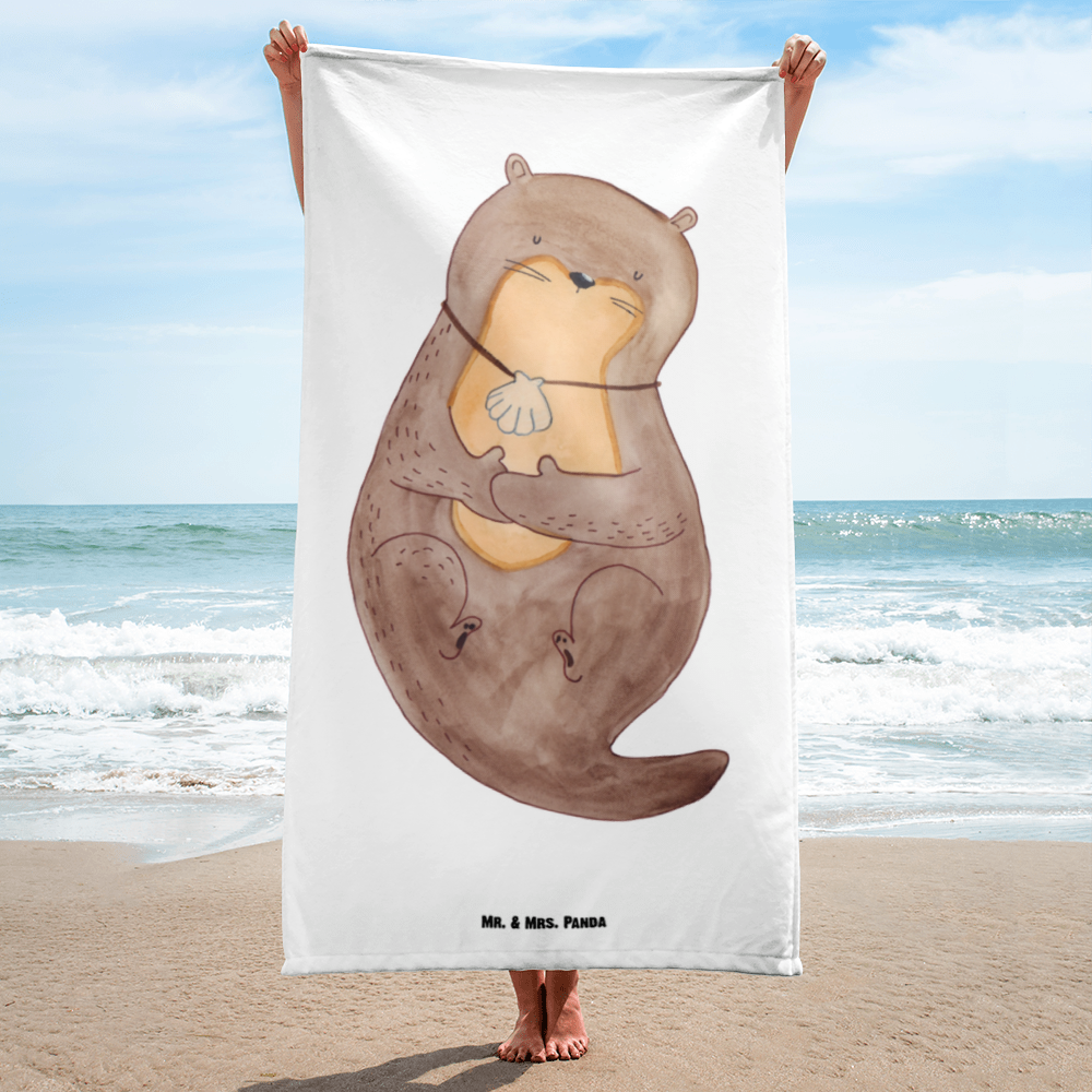 XL Badehandtuch Otter mit Muschelmedaillon Handtuch, Badetuch, Duschtuch, Strandtuch, Saunatuch, Otter, Fischotter, Seeotter, Otterliebe, grübeln, träumen, Motivation, Tagträumen, Büro