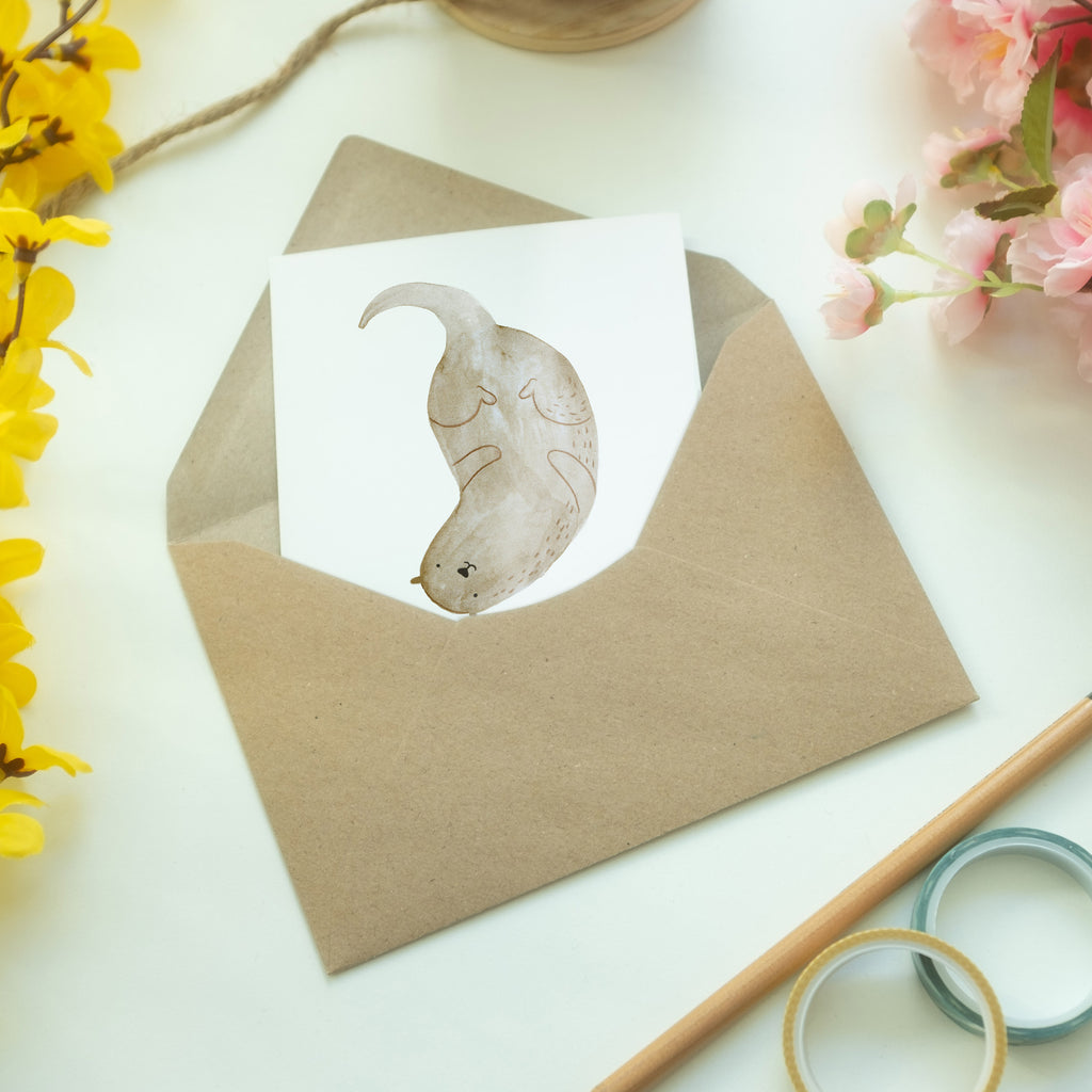 Grußkarte Otter kopfüber Klappkarte, Einladungskarte, Glückwunschkarte, Hochzeitskarte, Geburtstagskarte, Karte, Otter, Fischotter, Seeotter, Otter Seeotter See Otter