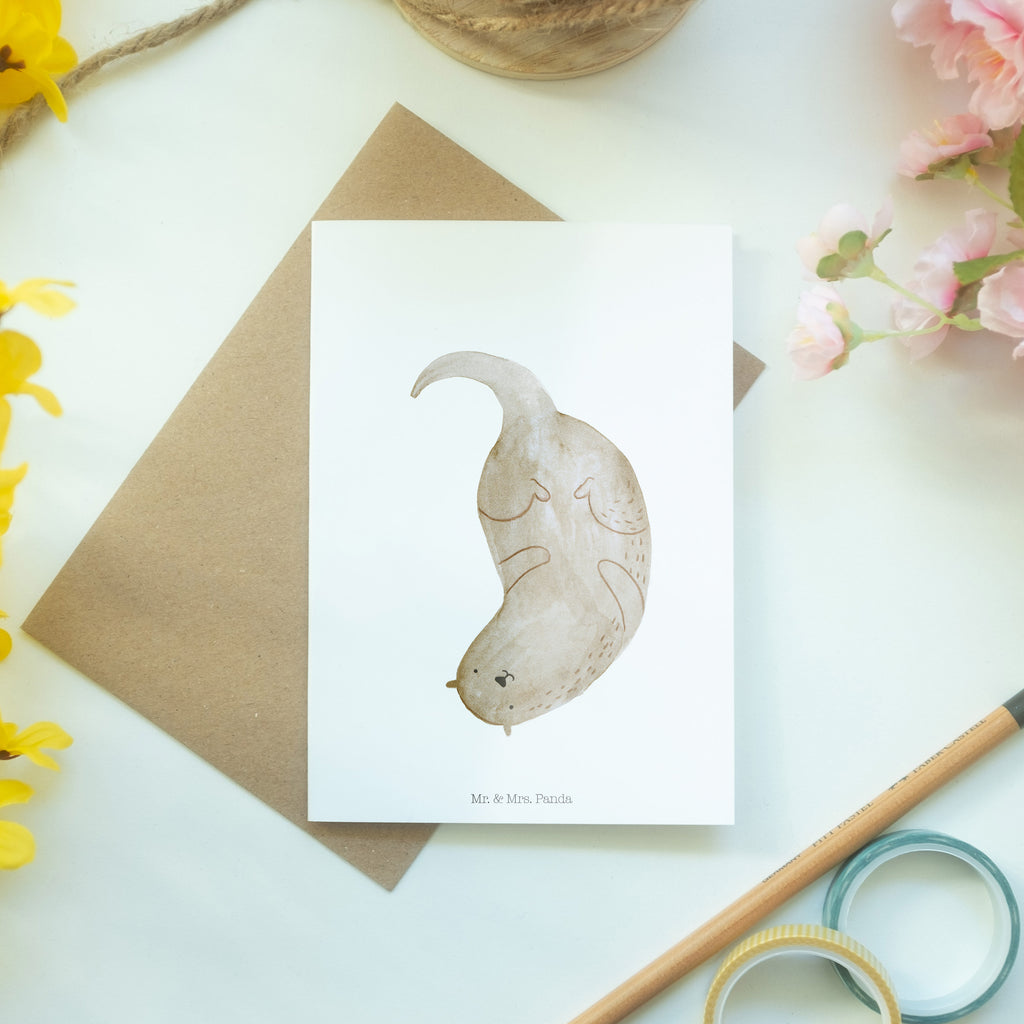 Grußkarte Otter kopfüber Klappkarte, Einladungskarte, Glückwunschkarte, Hochzeitskarte, Geburtstagskarte, Karte, Otter, Fischotter, Seeotter, Otter Seeotter See Otter