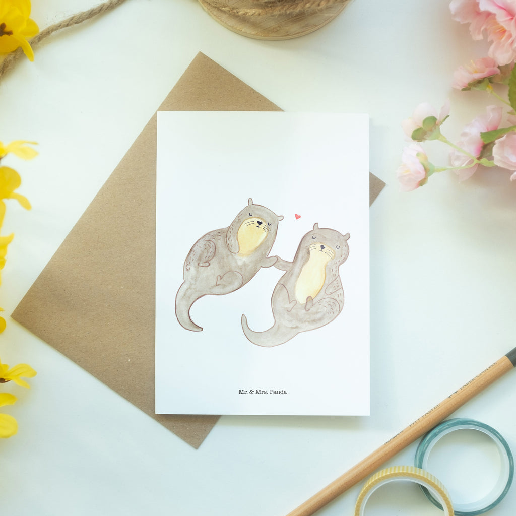 Grußkarte Otter händchenhaltend Klappkarte, Einladungskarte, Glückwunschkarte, Hochzeitskarte, Geburtstagskarte, Karte, Otter, Fischotter, Seeotter, Otter Seeotter See Otter