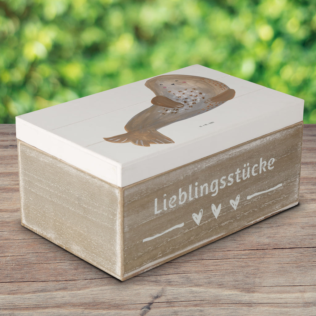 Holzkiste Robbe lachend Holzkiste, Kiste, Schatzkiste, Truhe, Schatulle, XXL, Erinnerungsbox, Erinnerungskiste, Dekokiste, Aufbewahrungsbox, Tiermotive, Gute Laune, lustige Sprüche, Tiere, Robbe, Robben, Seehund, Strand, Meerestier, Ostsee, Nordsee