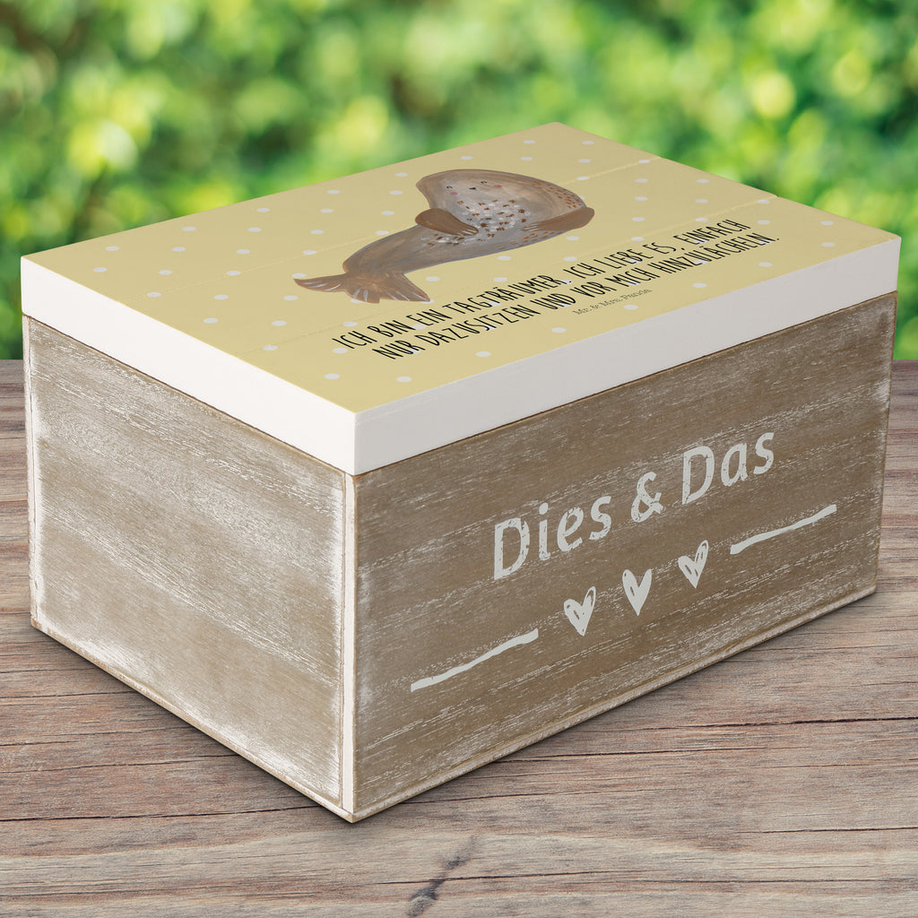 Holzkiste Robbe lachend Holzkiste, Kiste, Schatzkiste, Truhe, Schatulle, XXL, Erinnerungsbox, Erinnerungskiste, Dekokiste, Aufbewahrungsbox, Tiermotive, Gute Laune, lustige Sprüche, Tiere, Robbe, Robben, Seehund, Strand, Meerestier, Ostsee, Nordsee
