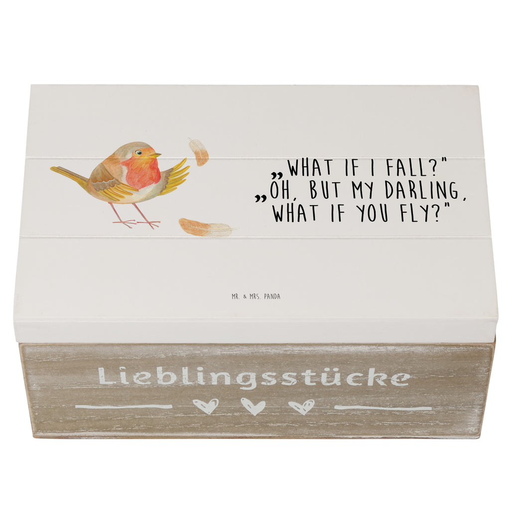 Holzkiste Rotkehlchen mit Federn Holzkiste, Kiste, Schatzkiste, Truhe, Schatulle, XXL, Erinnerungsbox, Erinnerungskiste, Dekokiste, Aufbewahrungsbox, Tiermotive, Gute Laune, lustige Sprüche, Tiere, What if i fall, Rotkehlchen, Spruch Motivation, Spruch Mut, Vogel, Motivation Sprüche, Motivationsbilder, fliegen