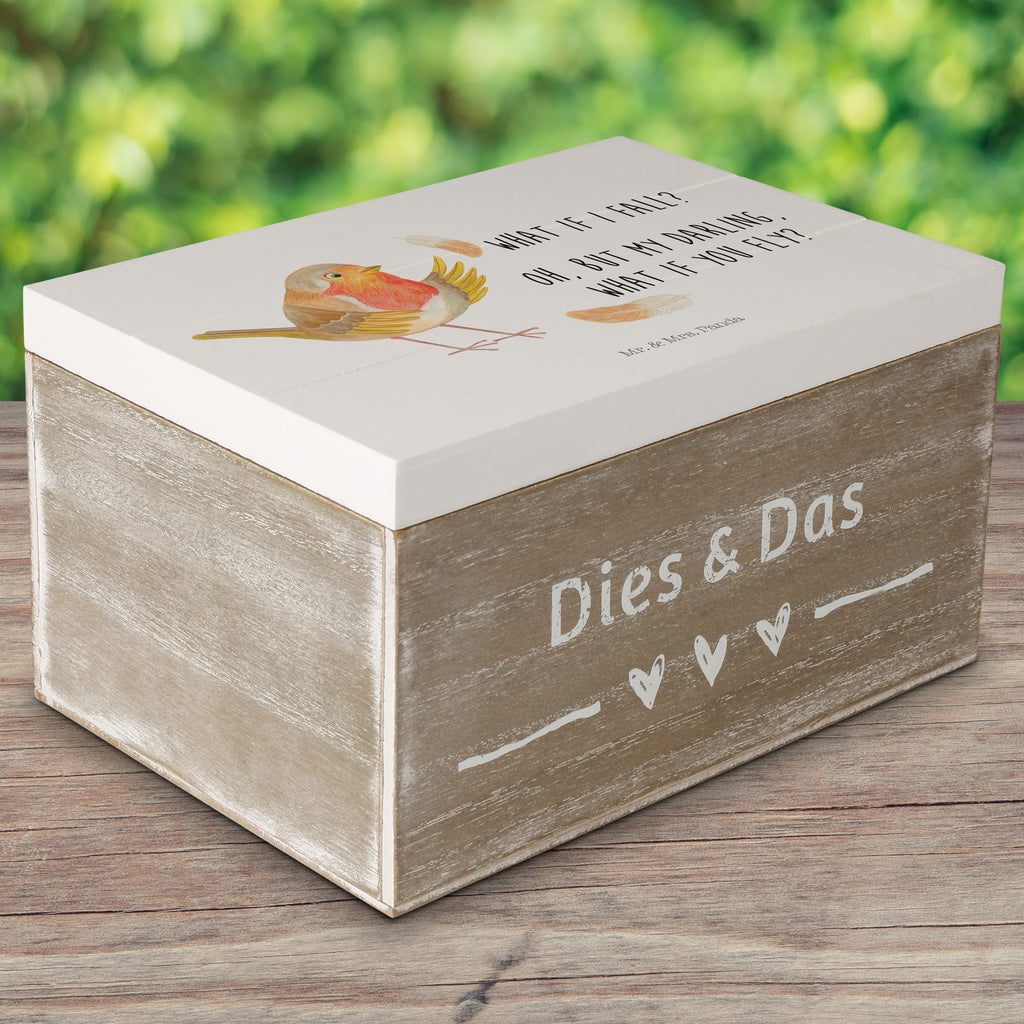 Holzkiste Rotkehlchen mit Federn Holzkiste, Kiste, Schatzkiste, Truhe, Schatulle, XXL, Erinnerungsbox, Erinnerungskiste, Dekokiste, Aufbewahrungsbox, Tiermotive, Gute Laune, lustige Sprüche, Tiere, What if i fall, Rotkehlchen, Spruch Motivation, Spruch Mut, Vogel, Motivation Sprüche, Motivationsbilder, fliegen