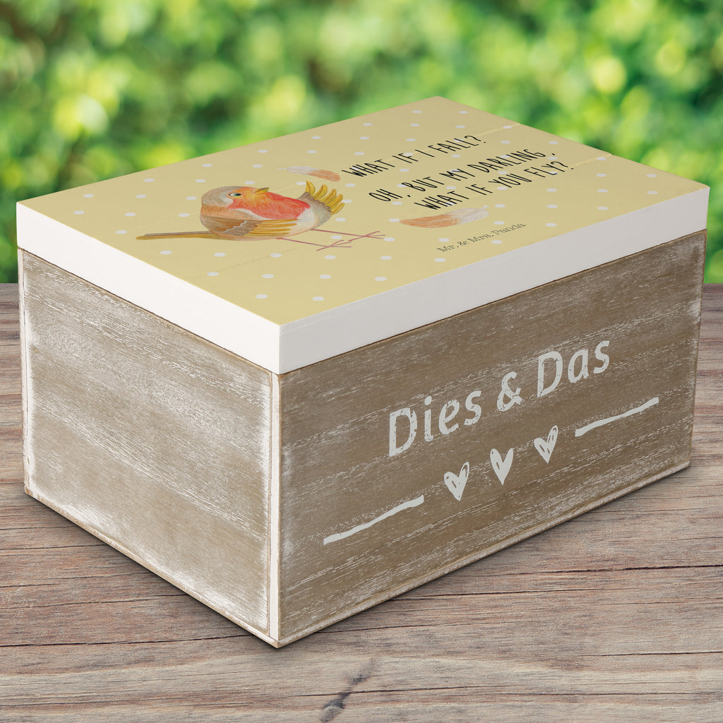 Holzkiste Rotkehlchen mit Federn Holzkiste, Kiste, Schatzkiste, Truhe, Schatulle, XXL, Erinnerungsbox, Erinnerungskiste, Dekokiste, Aufbewahrungsbox, Tiermotive, Gute Laune, lustige Sprüche, Tiere, What if i fall, Rotkehlchen, Spruch Motivation, Spruch Mut, Vogel, Motivation Sprüche, Motivationsbilder, fliegen
