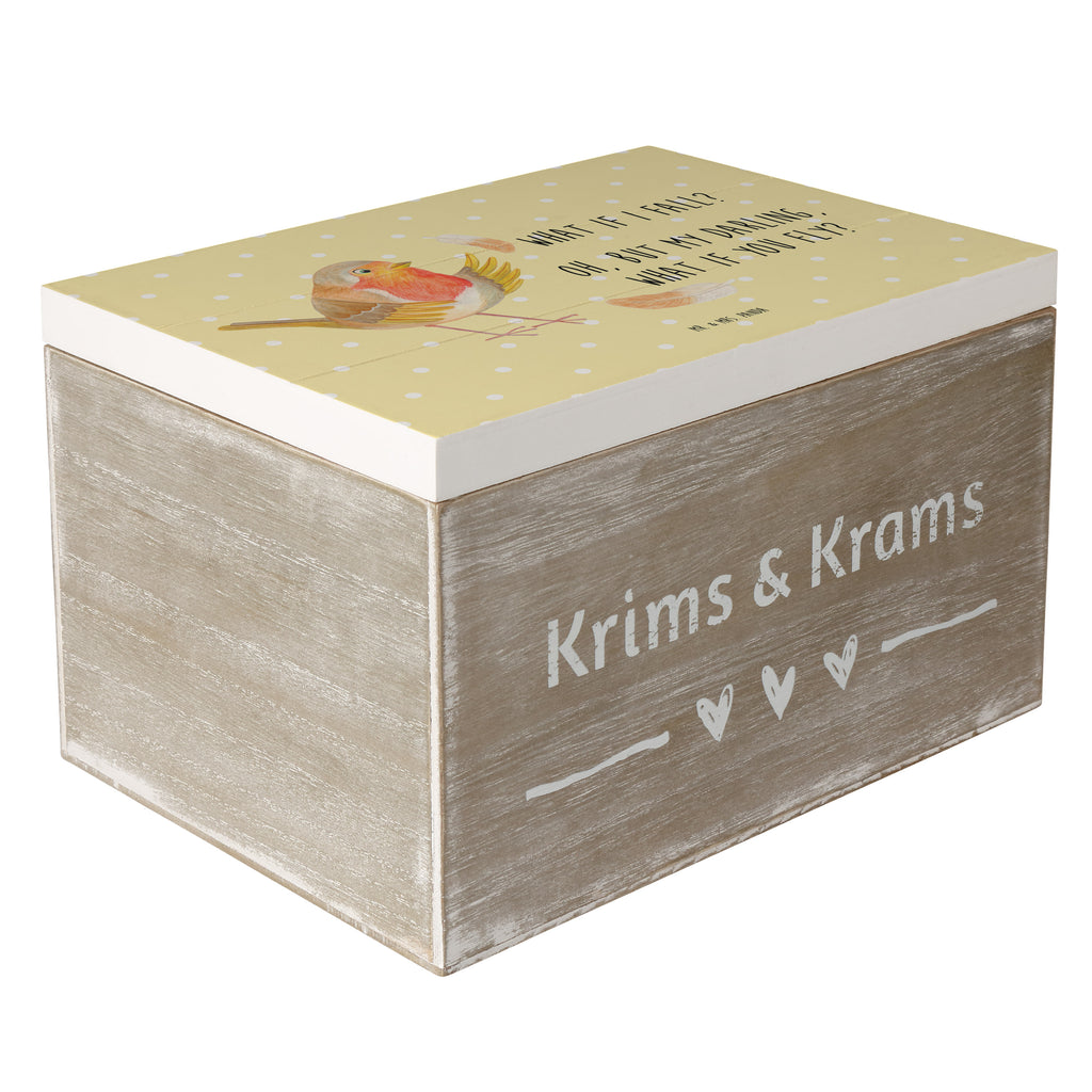 Holzkiste Rotkehlchen mit Federn Holzkiste, Kiste, Schatzkiste, Truhe, Schatulle, XXL, Erinnerungsbox, Erinnerungskiste, Dekokiste, Aufbewahrungsbox, Tiermotive, Gute Laune, lustige Sprüche, Tiere, What if i fall, Rotkehlchen, Spruch Motivation, Spruch Mut, Vogel, Motivation Sprüche, Motivationsbilder, fliegen