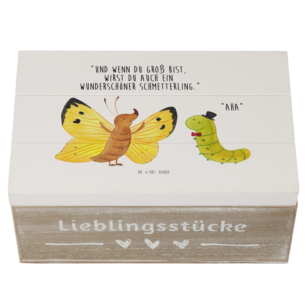 Holzkiste Raupe & Schmetterling Holzkiste, Kiste, Schatzkiste, Truhe, Schatulle, XXL, Erinnerungsbox, Erinnerungskiste, Dekokiste, Aufbewahrungsbox, Tiermotive, Gute Laune, lustige Sprüche, Tiere, Raupe, Schmetterling, Zitronenfalter, Entwicklung, Erwachsen werden, Kokon, Hut, Hütchen, Schönheit, Aufwachsen