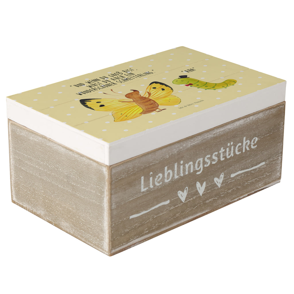 Holzkiste Raupe & Schmetterling Holzkiste, Kiste, Schatzkiste, Truhe, Schatulle, XXL, Erinnerungsbox, Erinnerungskiste, Dekokiste, Aufbewahrungsbox, Tiermotive, Gute Laune, lustige Sprüche, Tiere, Raupe, Schmetterling, Zitronenfalter, Entwicklung, Erwachsen werden, Kokon, Hut, Hütchen, Schönheit, Aufwachsen