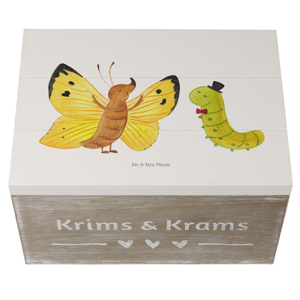 Holzkiste Raupe & Schmetterling Holzkiste, Kiste, Schatzkiste, Truhe, Schatulle, XXL, Erinnerungsbox, Erinnerungskiste, Dekokiste, Aufbewahrungsbox, Tiermotive, Gute Laune, lustige Sprüche, Tiere, Raupe, Schmetterling, Zitronenfalter, Entwicklung, Erwachsen werden, Kokon, Hut, Hütchen, Schönheit, Aufwachsen
