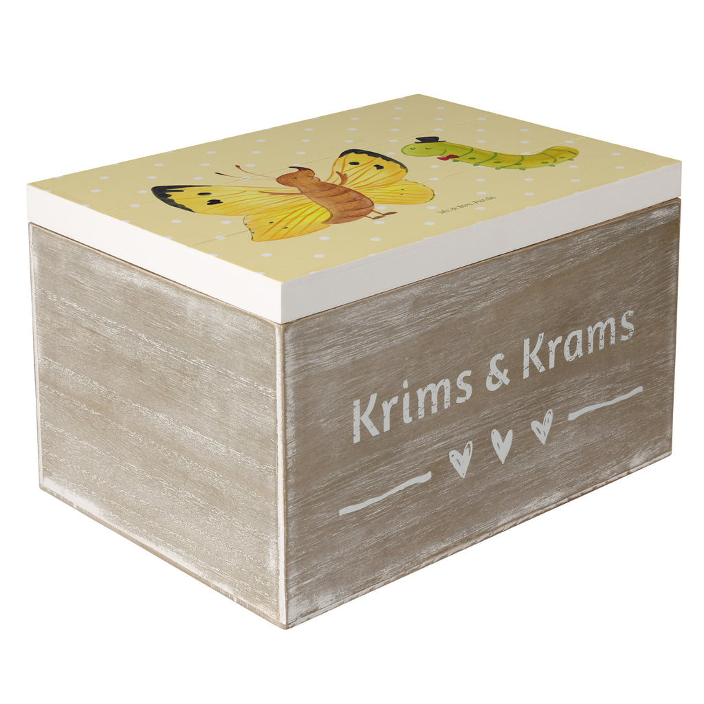 Holzkiste Raupe & Schmetterling Holzkiste, Kiste, Schatzkiste, Truhe, Schatulle, XXL, Erinnerungsbox, Erinnerungskiste, Dekokiste, Aufbewahrungsbox, Tiermotive, Gute Laune, lustige Sprüche, Tiere, Raupe, Schmetterling, Zitronenfalter, Entwicklung, Erwachsen werden, Kokon, Hut, Hütchen, Schönheit, Aufwachsen