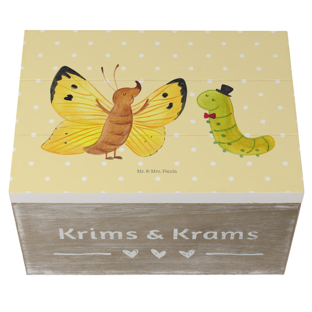 Holzkiste Raupe & Schmetterling Holzkiste, Kiste, Schatzkiste, Truhe, Schatulle, XXL, Erinnerungsbox, Erinnerungskiste, Dekokiste, Aufbewahrungsbox, Tiermotive, Gute Laune, lustige Sprüche, Tiere, Raupe, Schmetterling, Zitronenfalter, Entwicklung, Erwachsen werden, Kokon, Hut, Hütchen, Schönheit, Aufwachsen