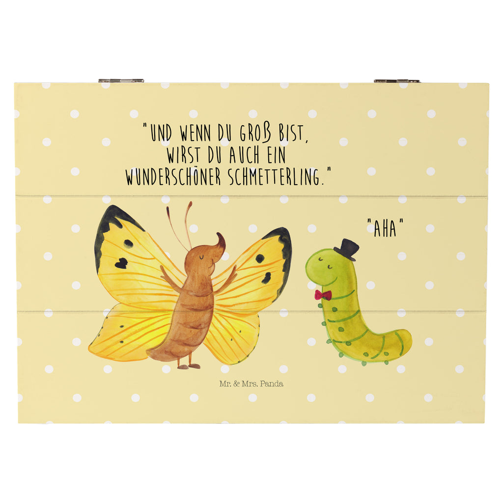 Holzkiste Raupe & Schmetterling Holzkiste, Kiste, Schatzkiste, Truhe, Schatulle, XXL, Erinnerungsbox, Erinnerungskiste, Dekokiste, Aufbewahrungsbox, Tiermotive, Gute Laune, lustige Sprüche, Tiere, Raupe, Schmetterling, Zitronenfalter, Entwicklung, Erwachsen werden, Kokon, Hut, Hütchen, Schönheit, Aufwachsen
