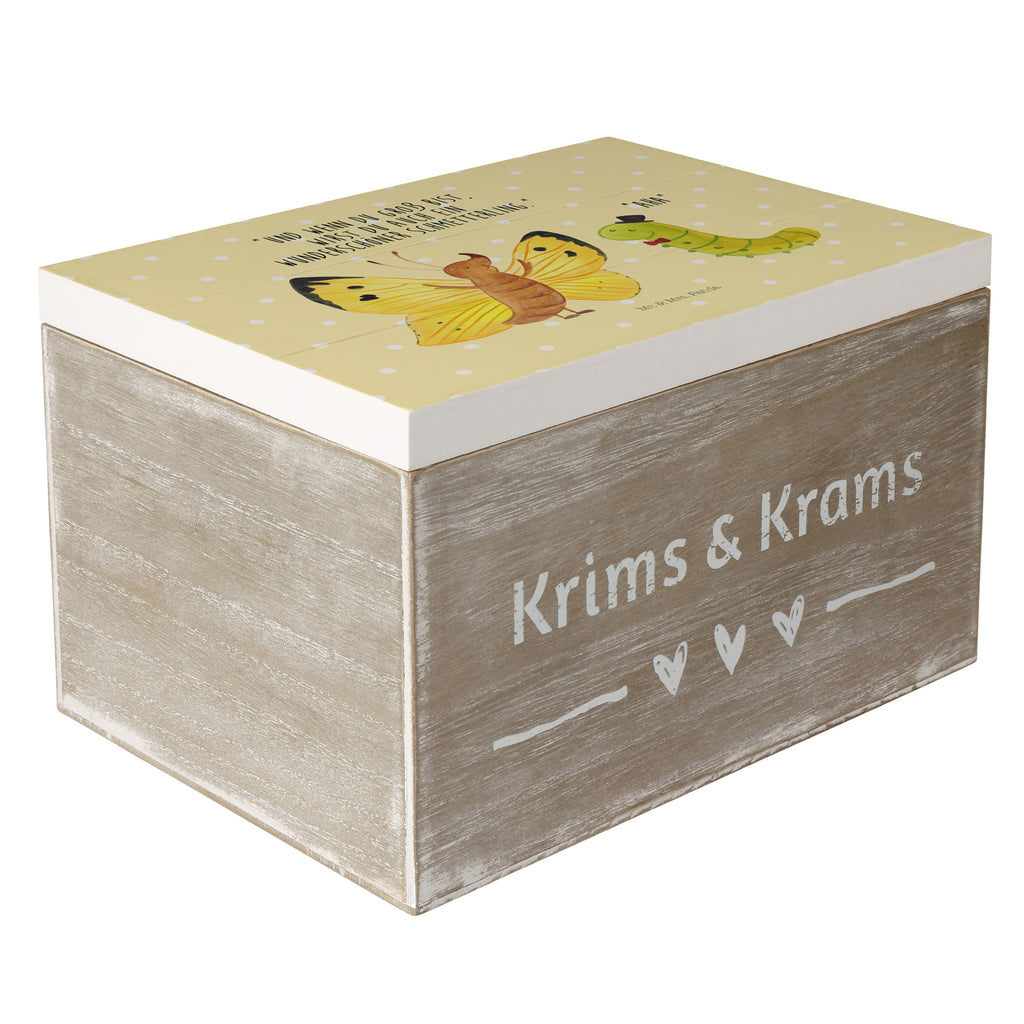 Holzkiste Raupe & Schmetterling Holzkiste, Kiste, Schatzkiste, Truhe, Schatulle, XXL, Erinnerungsbox, Erinnerungskiste, Dekokiste, Aufbewahrungsbox, Tiermotive, Gute Laune, lustige Sprüche, Tiere, Raupe, Schmetterling, Zitronenfalter, Entwicklung, Erwachsen werden, Kokon, Hut, Hütchen, Schönheit, Aufwachsen