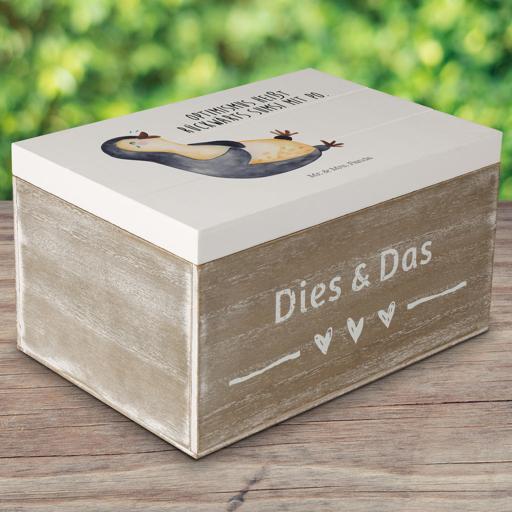 Holzkiste Pinguin lachend Holzkiste, Kiste, Schatzkiste, Truhe, Schatulle, XXL, Erinnerungsbox, Erinnerungskiste, Dekokiste, Aufbewahrungsbox, Pinguin, Pinguine, lustiger Spruch, Optimismus, Fröhlich, Lachen, Humor, Fröhlichkeit
