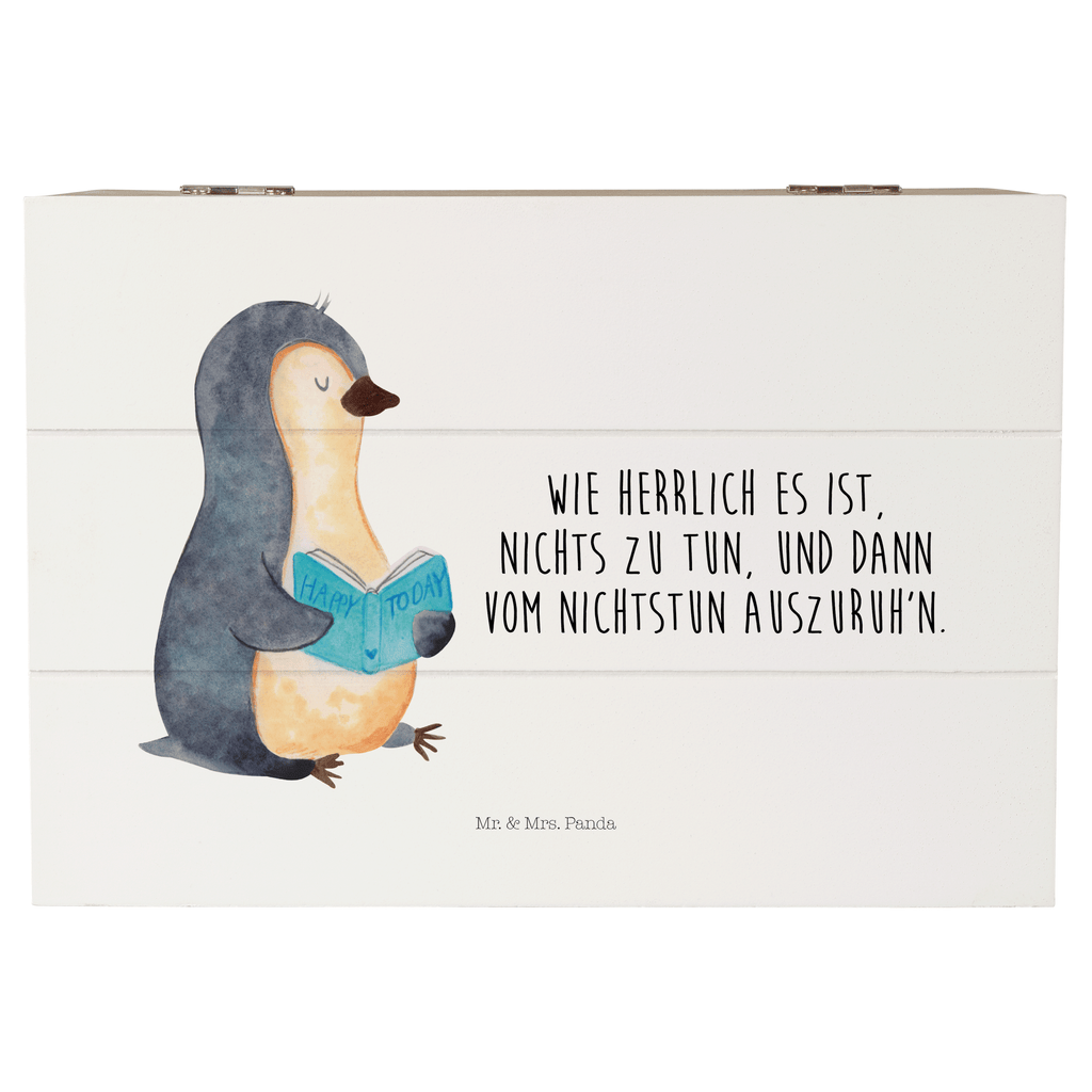 Holzkiste Pinguin Buch Holzkiste, Kiste, Schatzkiste, Truhe, Schatulle, XXL, Erinnerungsbox, Erinnerungskiste, Dekokiste, Aufbewahrungsbox, Pinguin, Pinguine, Buch, Lesen, Bücherwurm, Nichtstun, Faulenzen, Ferien, Urlaub, Freizeit