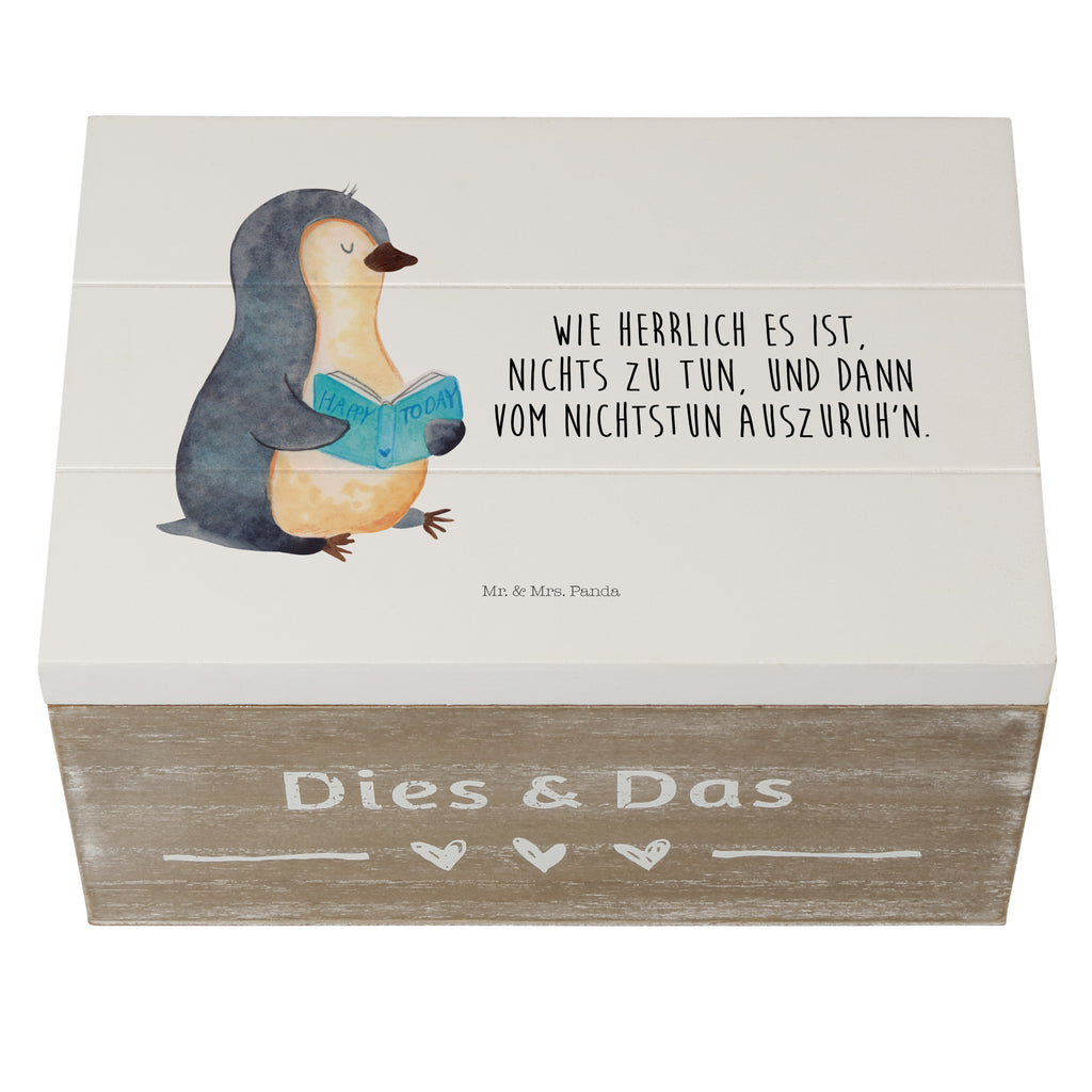 Holzkiste Pinguin Buch Holzkiste, Kiste, Schatzkiste, Truhe, Schatulle, XXL, Erinnerungsbox, Erinnerungskiste, Dekokiste, Aufbewahrungsbox, Pinguin, Pinguine, Buch, Lesen, Bücherwurm, Nichtstun, Faulenzen, Ferien, Urlaub, Freizeit