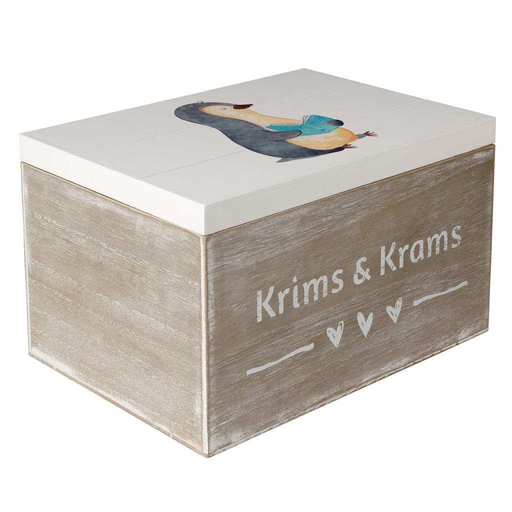 Holzkiste Pinguin Buch Holzkiste, Kiste, Schatzkiste, Truhe, Schatulle, XXL, Erinnerungsbox, Erinnerungskiste, Dekokiste, Aufbewahrungsbox, Pinguin, Pinguine, Buch, Lesen, Bücherwurm, Nichtstun, Faulenzen, Ferien, Urlaub, Freizeit