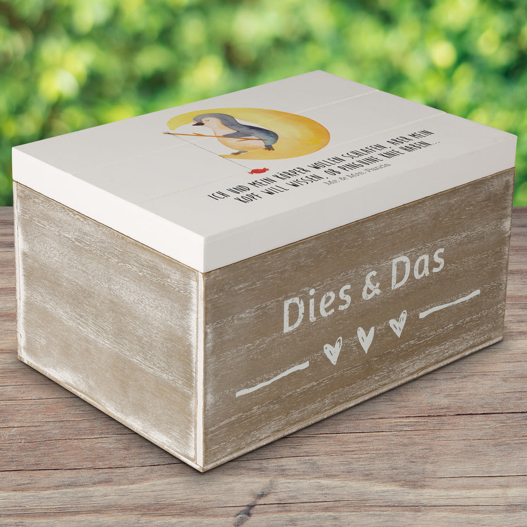 Holzkiste Pinguin Mond Holzkiste, Kiste, Schatzkiste, Truhe, Schatulle, XXL, Erinnerungsbox, Erinnerungskiste, Dekokiste, Aufbewahrungsbox, Pinguin, Pinguine, Spruch, schlafen, Nachtruhe, Einschlafen, Schlafzimmer, Schlafstörungen, Gästezimmer