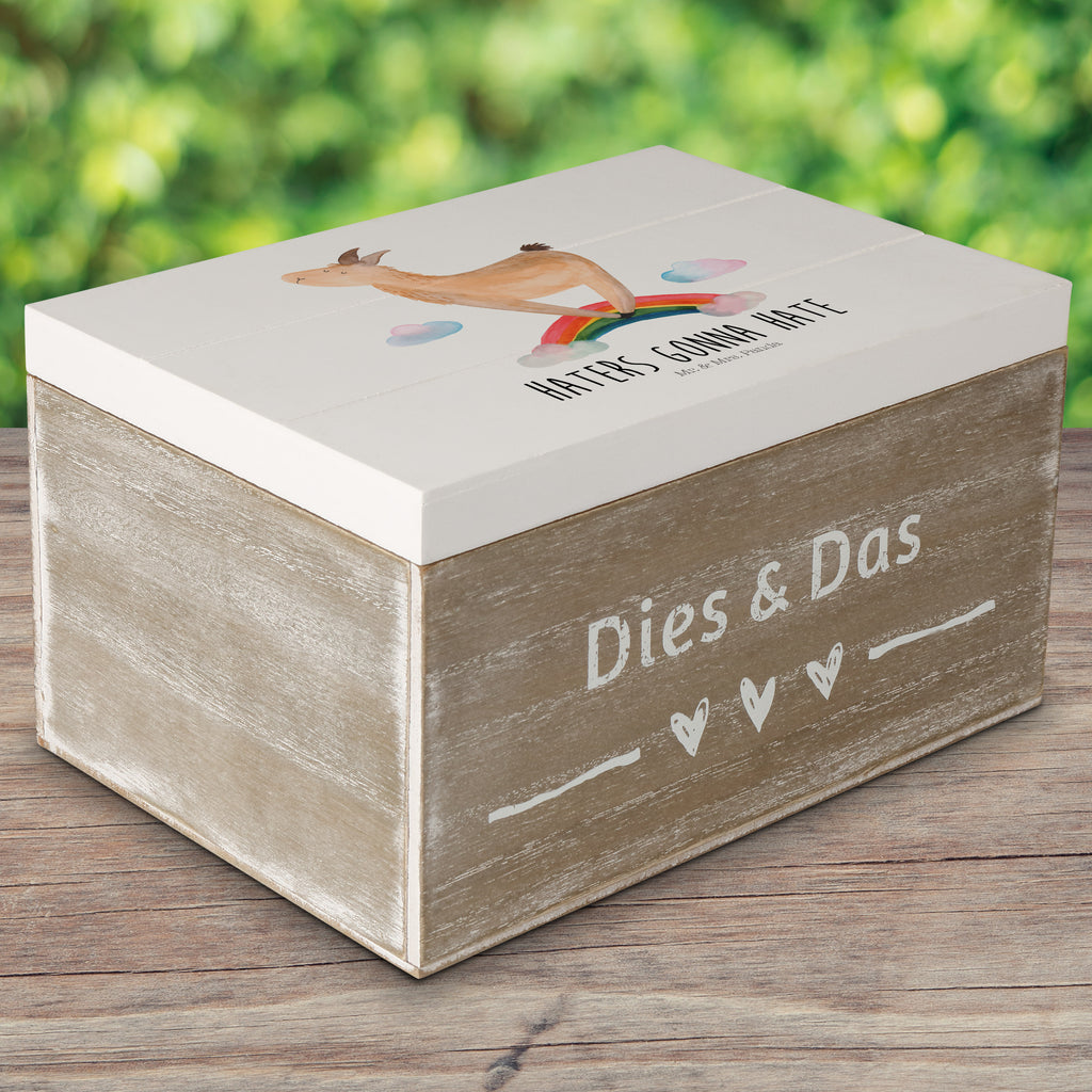 Holzkiste Lama Regenbogen Holzkiste, Kiste, Schatzkiste, Truhe, Schatulle, XXL, Erinnerungsbox, Erinnerungskiste, Dekokiste, Aufbewahrungsbox, Lama, Alpaka, Lamas, Regenbogen, Haters gonna hate, Haters, Selbstständig, Außenseiter, Schule, Abi, Hobby, Wolkenland, Freiheit