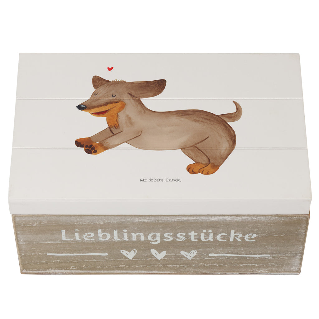 Holzkiste Hund Dackel fröhlich Holzkiste, Kiste, Schatzkiste, Truhe, Schatulle, XXL, Erinnerungsbox, Erinnerungskiste, Dekokiste, Aufbewahrungsbox, Hund, Hundemotiv, Haustier, Hunderasse, Tierliebhaber, Hundebesitzer, Sprüche, Hunde, Dackel, Dachshund, happy dog