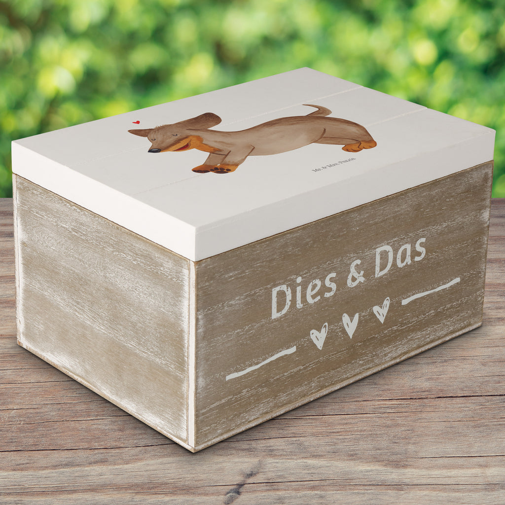 Holzkiste Hund Dackel fröhlich Holzkiste, Kiste, Schatzkiste, Truhe, Schatulle, XXL, Erinnerungsbox, Erinnerungskiste, Dekokiste, Aufbewahrungsbox, Hund, Hundemotiv, Haustier, Hunderasse, Tierliebhaber, Hundebesitzer, Sprüche, Hunde, Dackel, Dachshund, happy dog