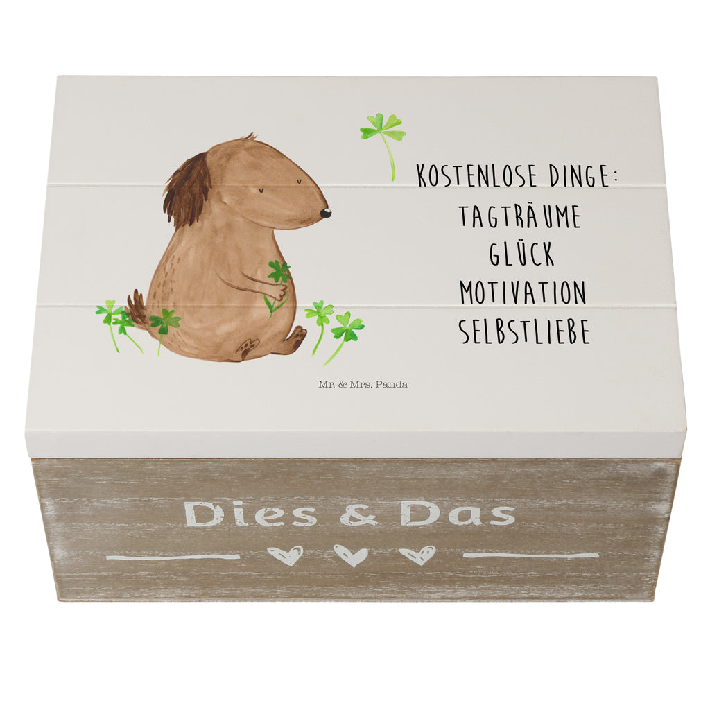 Holzkiste Hund Kleeblatt Holzkiste, Kiste, Schatzkiste, Truhe, Schatulle, XXL, Erinnerungsbox, Erinnerungskiste, Dekokiste, Aufbewahrungsbox, Hund, Hundemotiv, Haustier, Hunderasse, Tierliebhaber, Hundebesitzer, Sprüche, Kleeblatt, Glück, Tagträume, Motivation, Neuanfang, Geschenk, Glücksbringer, Selbstliebe, Achtsamkeit