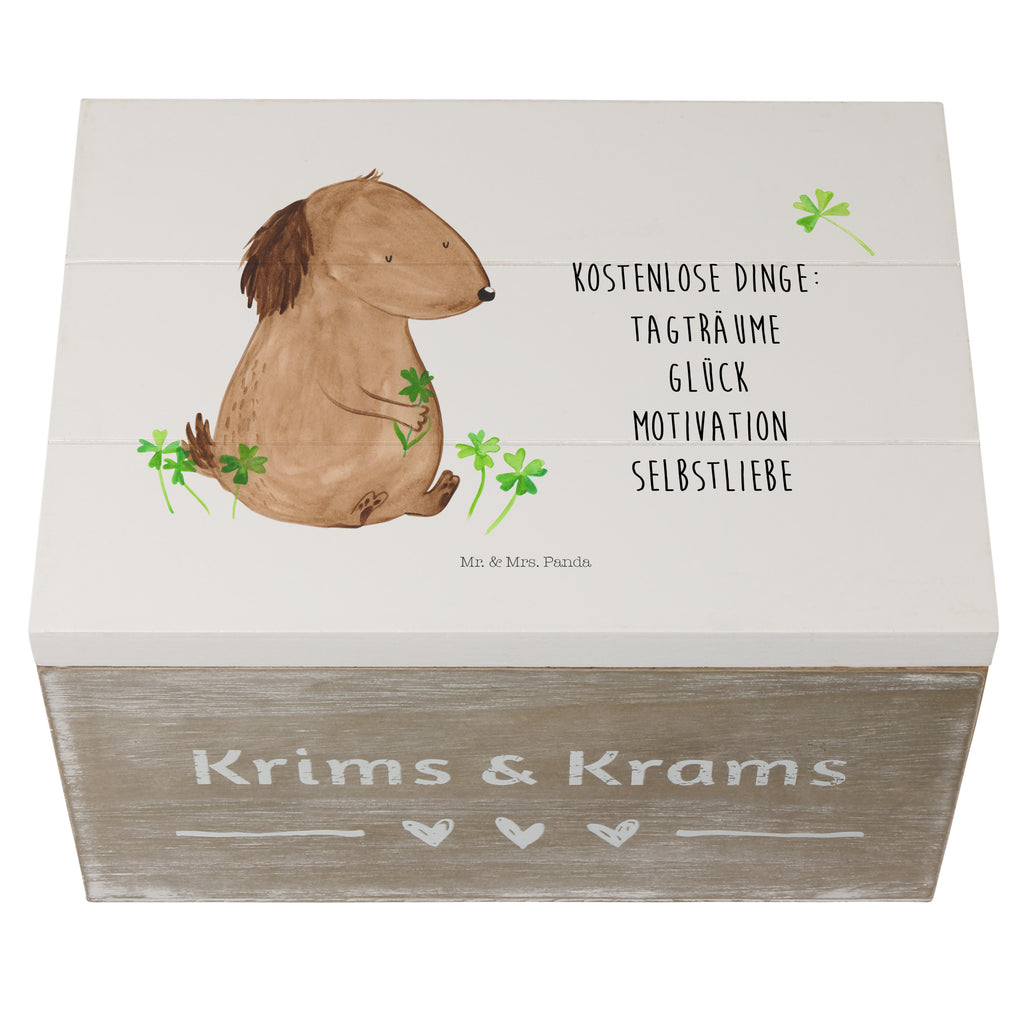 Holzkiste Hund Kleeblatt Holzkiste, Kiste, Schatzkiste, Truhe, Schatulle, XXL, Erinnerungsbox, Erinnerungskiste, Dekokiste, Aufbewahrungsbox, Hund, Hundemotiv, Haustier, Hunderasse, Tierliebhaber, Hundebesitzer, Sprüche, Kleeblatt, Glück, Tagträume, Motivation, Neuanfang, Geschenk, Glücksbringer, Selbstliebe, Achtsamkeit