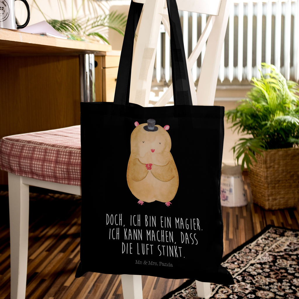 Tragetasche Hamster mit Hut Beuteltasche, Beutel, Einkaufstasche, Jutebeutel, Stoffbeutel, Tiermotive, Gute Laune, lustige Sprüche, Tiere, Hamster, Hut, Magier, Zylinder, Zwerghamster, Zauberer, Houdini