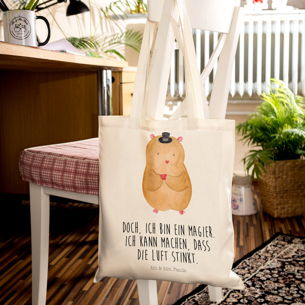 Tragetasche Hamster mit Hut Beuteltasche, Beutel, Einkaufstasche, Jutebeutel, Stoffbeutel, Tiermotive, Gute Laune, lustige Sprüche, Tiere, Hamster, Hut, Magier, Zylinder, Zwerghamster, Zauberer, Houdini