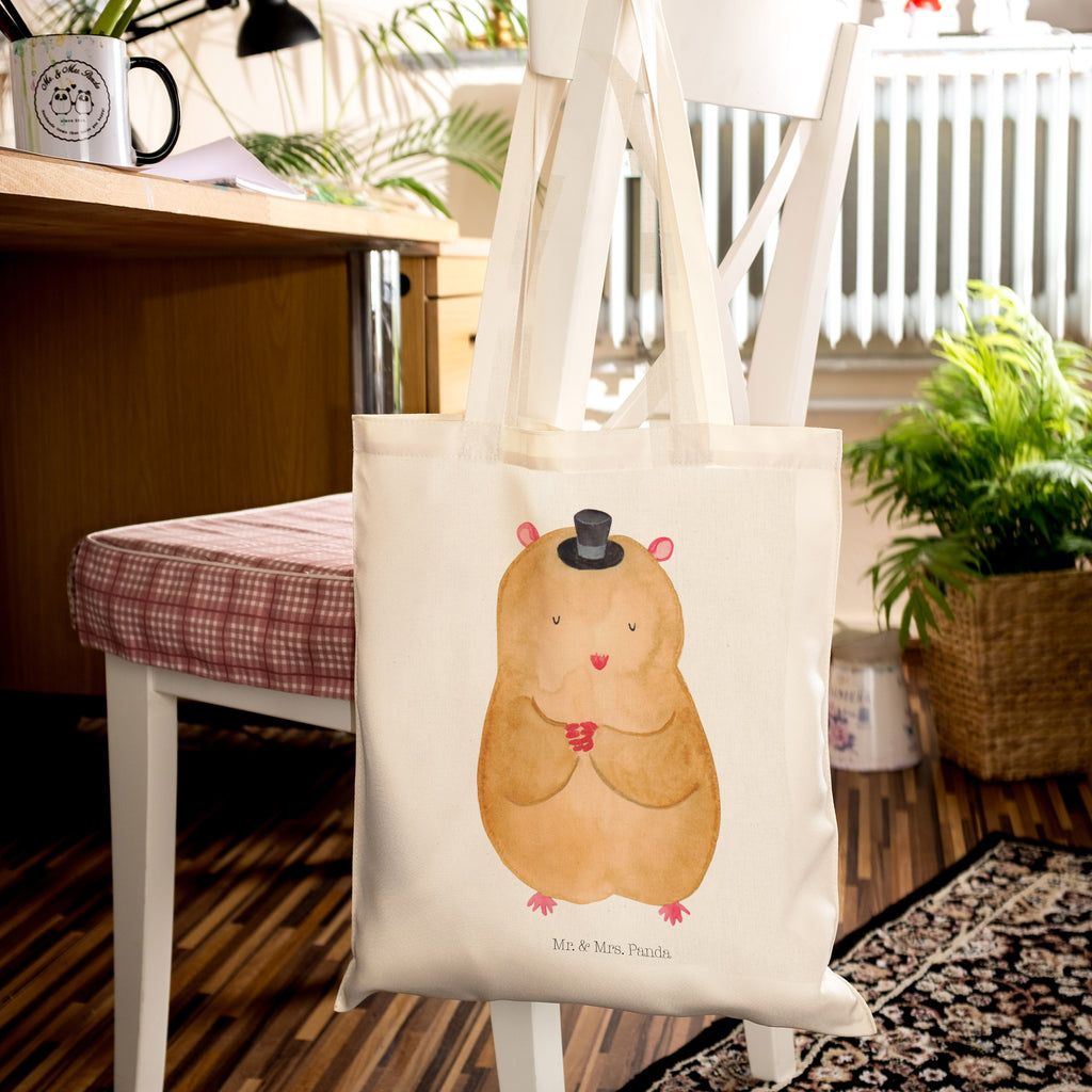 Tragetasche Hamster mit Hut Beuteltasche, Beutel, Einkaufstasche, Jutebeutel, Stoffbeutel, Tiermotive, Gute Laune, lustige Sprüche, Tiere, Hamster, Hut, Magier, Zylinder, Zwerghamster, Zauberer, Houdini