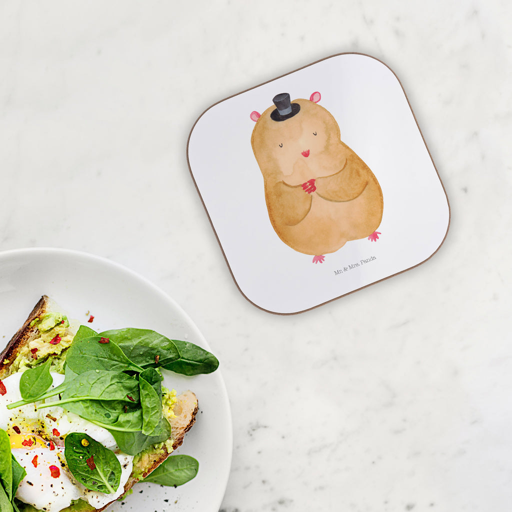 Quadratische Untersetzer Hamster mit Hut Bierdeckel, Glasuntersetzer, Untersetzer Gläser, Getränkeuntersetzer, Tiermotive, Gute Laune, lustige Sprüche, Tiere, Hamster, Hut, Magier, Zylinder, Zwerghamster, Zauberer, Houdini