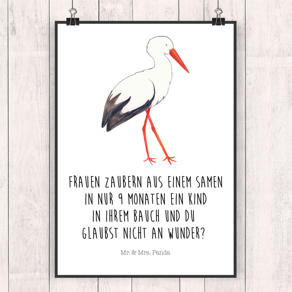 Poster Storch Poster, Wandposter, Bild, Wanddeko, Küchenposter, Kinderposter, Wanddeko Bild, Raumdekoration, Wanddekoration, Handgemaltes Poster, Mr. & Mrs. Panda Poster, Designposter, Kunstdruck, Posterdruck, Tiermotive, Gute Laune, lustige Sprüche, Tiere, Storch, Störche, Schwangerschaft, Geburt, Mutter, Mütter, Mutter werden, Schwanger, Babybauch, Baby