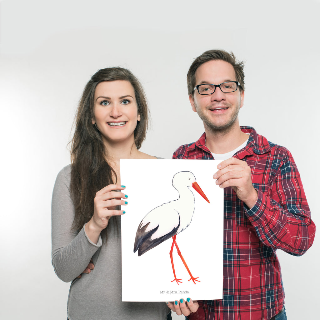 Poster Storch Poster, Wandposter, Bild, Wanddeko, Küchenposter, Kinderposter, Wanddeko Bild, Raumdekoration, Wanddekoration, Handgemaltes Poster, Mr. & Mrs. Panda Poster, Designposter, Kunstdruck, Posterdruck, Tiermotive, Gute Laune, lustige Sprüche, Tiere, Storch, Störche, Schwangerschaft, Geburt, Mutter, Mütter, Mutter werden, Schwanger, Babybauch, Baby
