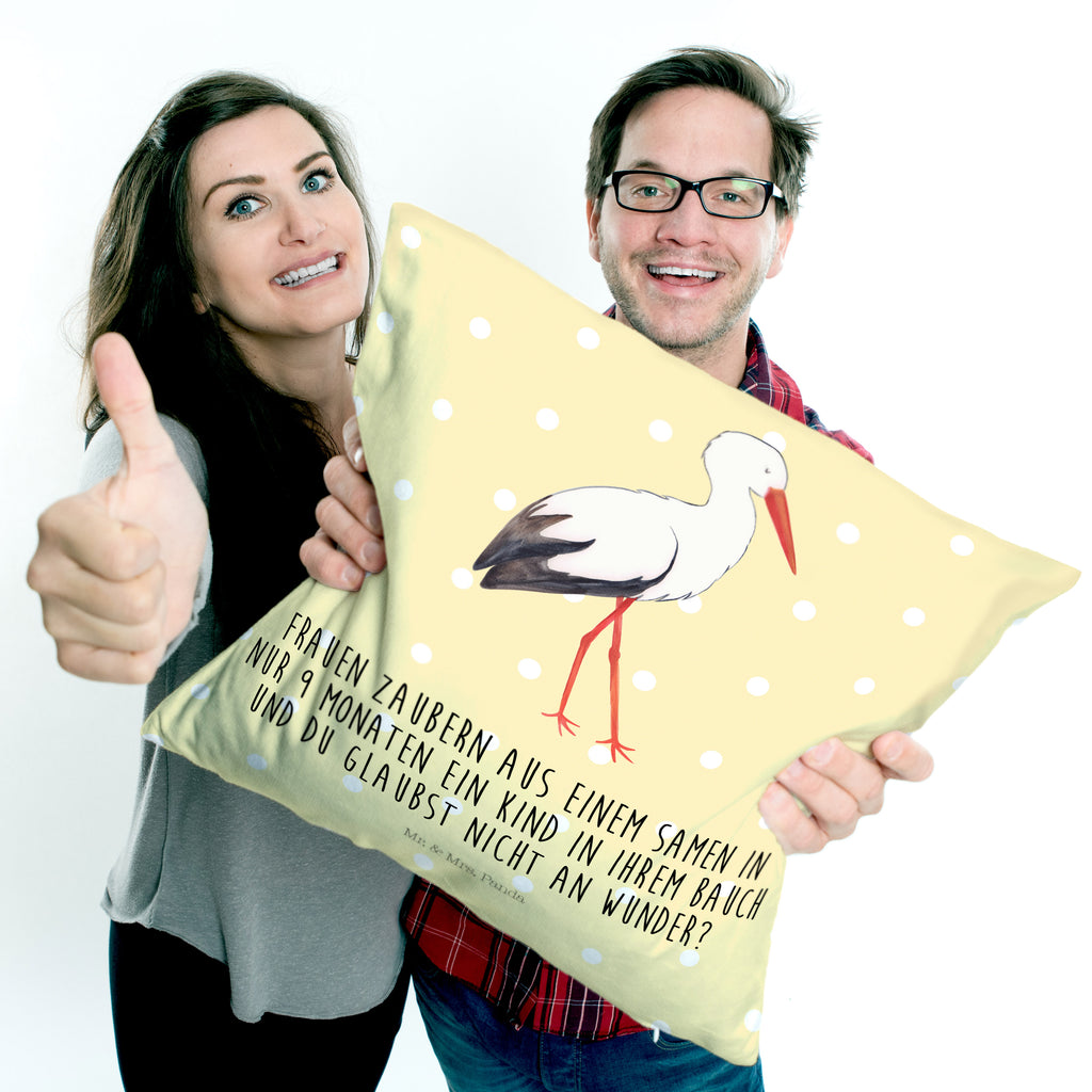 40x40 Kissen Storch Kissenhülle, Kopfkissen, Sofakissen, Dekokissen, Motivkissen, Tiermotive, Gute Laune, lustige Sprüche, Tiere, Storch, Störche, Schwangerschaft, Geburt, Mutter, Mütter, Mutter werden, Schwanger, Babybauch, Baby