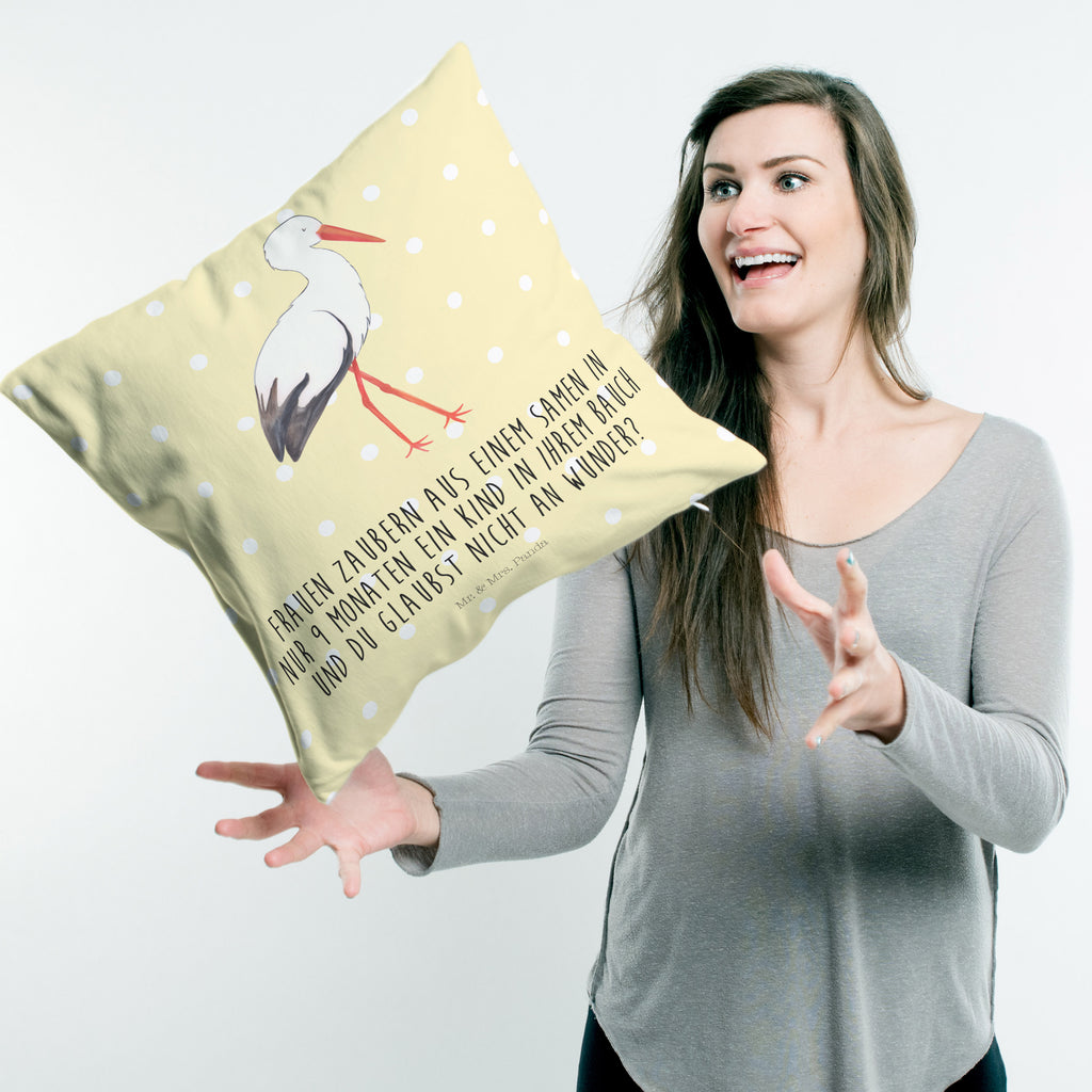 40x40 Kissen Storch Kissenhülle, Kopfkissen, Sofakissen, Dekokissen, Motivkissen, Tiermotive, Gute Laune, lustige Sprüche, Tiere, Storch, Störche, Schwangerschaft, Geburt, Mutter, Mütter, Mutter werden, Schwanger, Babybauch, Baby